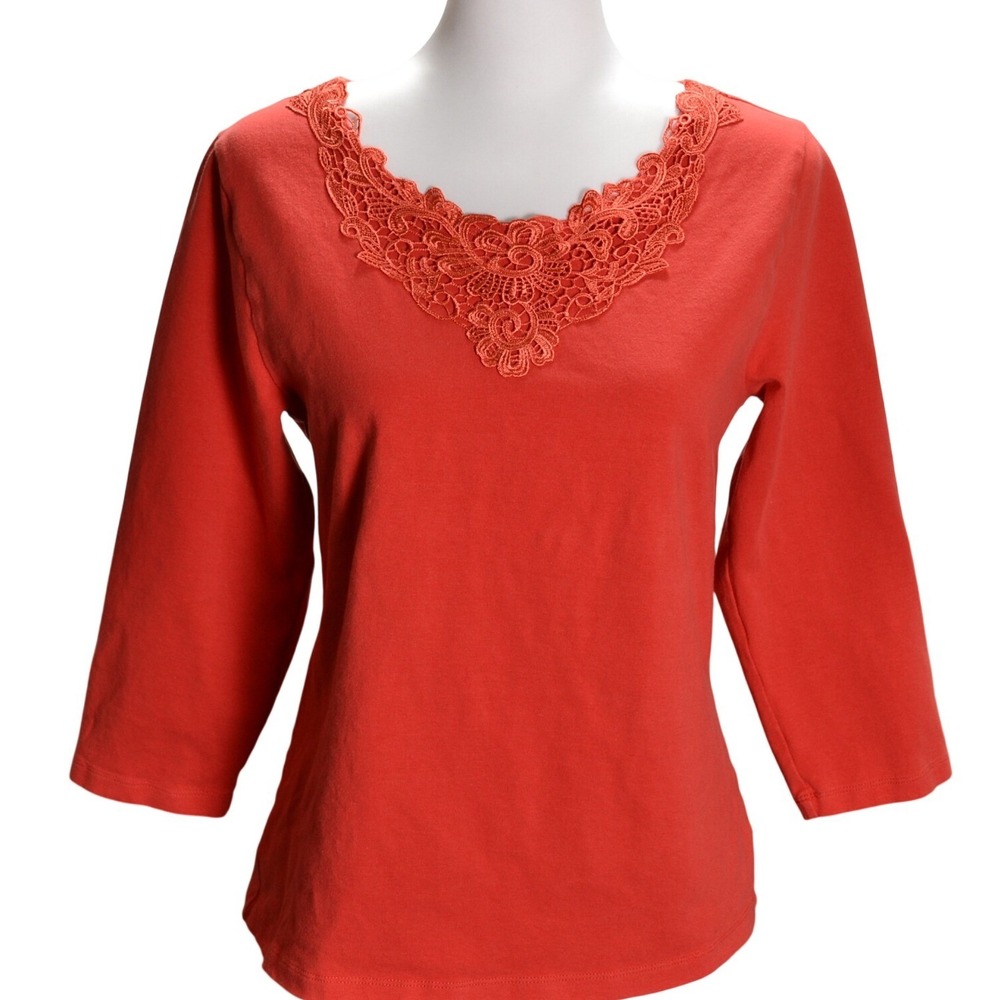 Coldwater Creek Top Womens Medium Coral Lace Neck 3/4 Sleeve Cotton Knit Casual